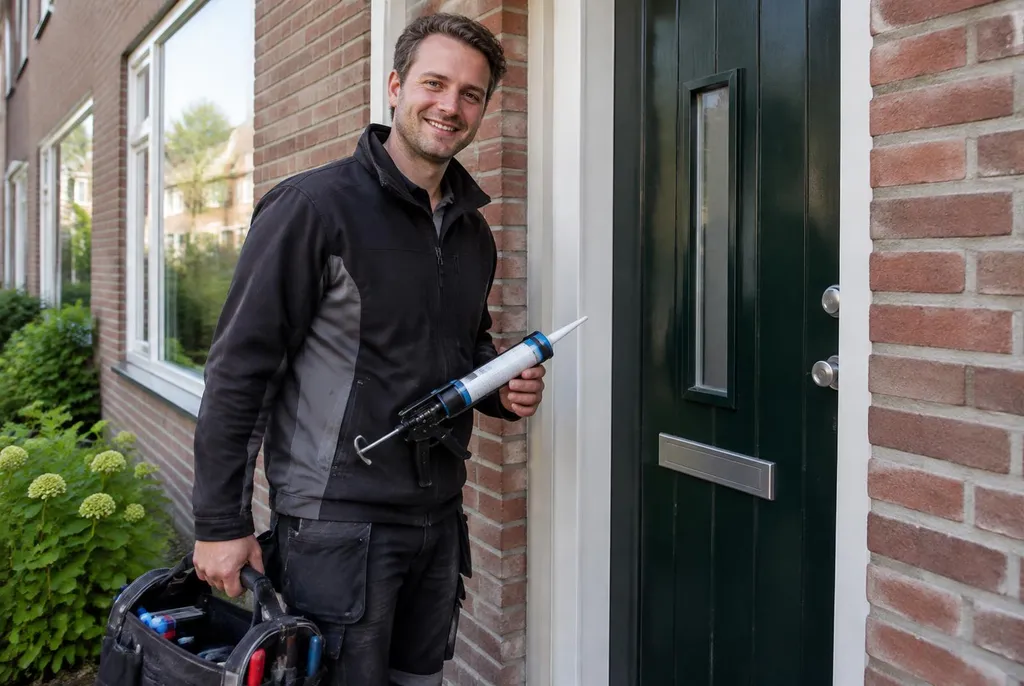 Vakman van Kitbedrijf Leiderdorp bij de voordeur van een woning